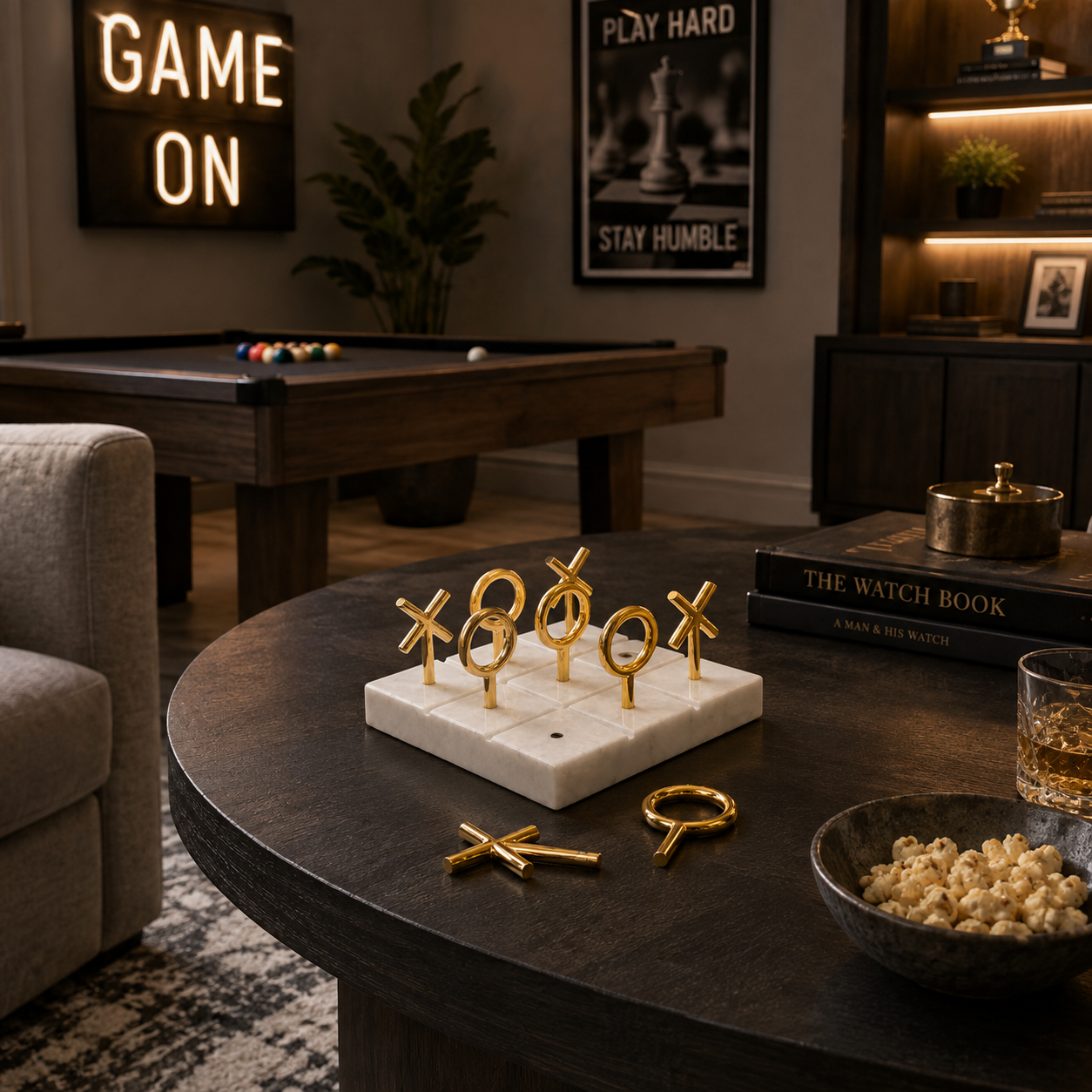 A gold-tone 3D chess key game set displayed on a round dark wood coffee table in a cozy, dimly lit home entertainment room. The set includes a white marble base with gold 'X' and 'O' keys, plus two loose gold keys, surrounded by lifestyle props like popcorn, a drink, and a glowing 'GAME ON' neon sign in the background.