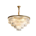 Load image into Gallery viewer, Elegant House of Effy crystal chandelier with gold crystal pendants hanging in two tiers, mounted on a white ceiling, illuminated.
