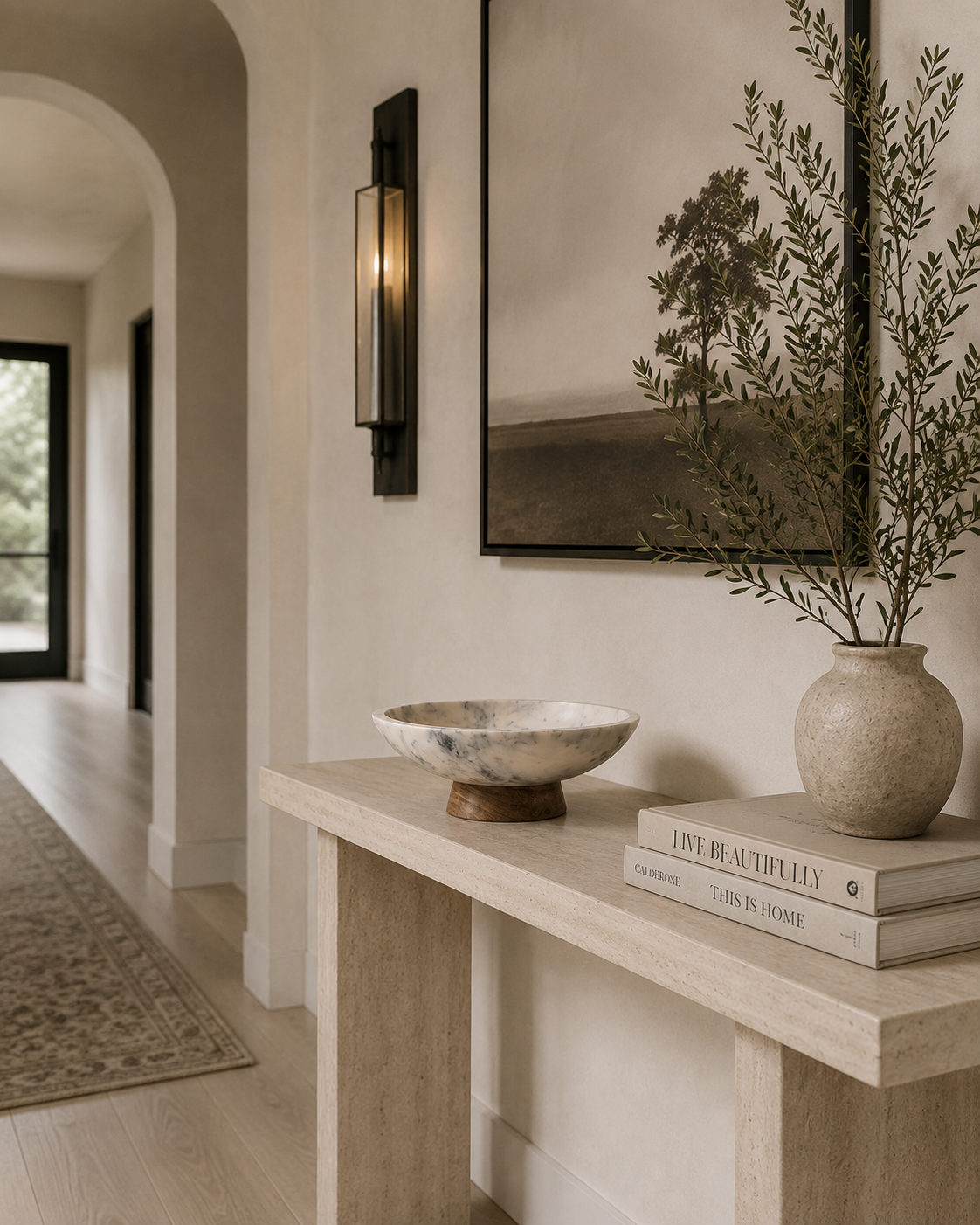 marble bowl on console table in hallway under artwork hanging on the wall