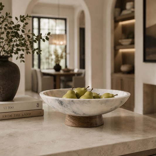 marble bowl with a wooden base, filled with green pears, styled on a marble countertop in a warm, modern kitchen setting.