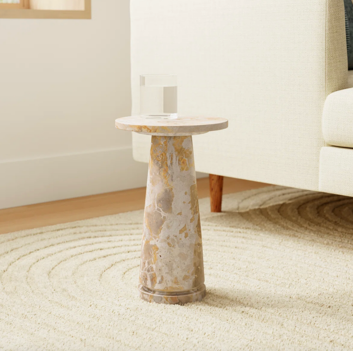 Marble Round Accent Table in living room next to sofa
