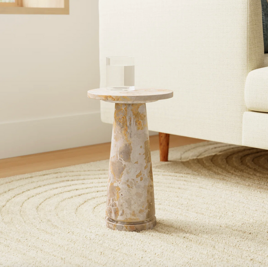 Marble Round Accent Table in living room next to sofa