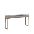 Load image into Gallery viewer, A modern console table featuring a gray wood-grain top with three drawers and a gold-finished metal frame, shown against a plain white background.
