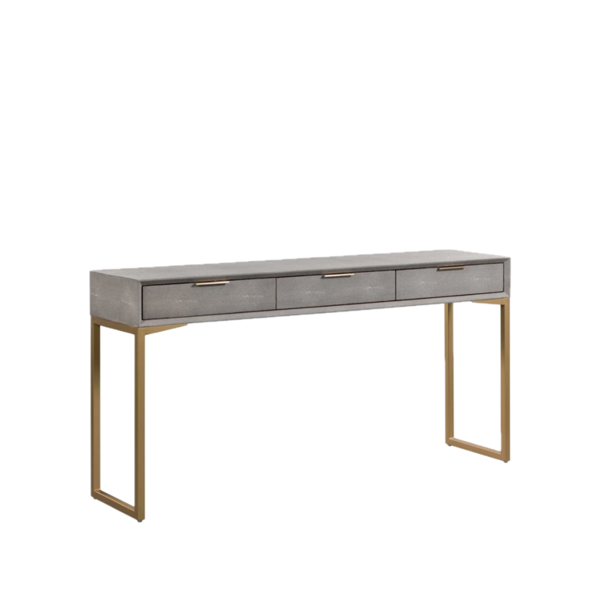 A modern console table featuring a gray wood-grain top with three drawers and a gold-finished metal frame, shown against a plain white background.