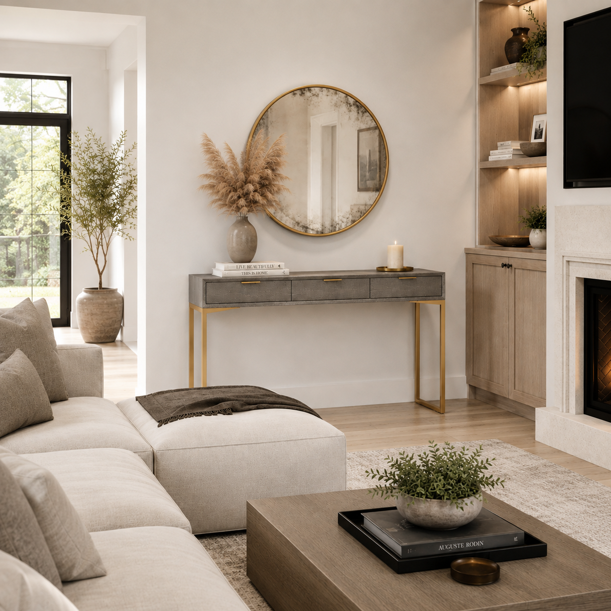 A modern living room featuring a gray console table with gold legs and trim, styled with a round gold-framed mirror, a vase of pampas grass, and a candle. The room has light wood floors, a beige sectional sofa, and built-in shelving next to a fireplace.