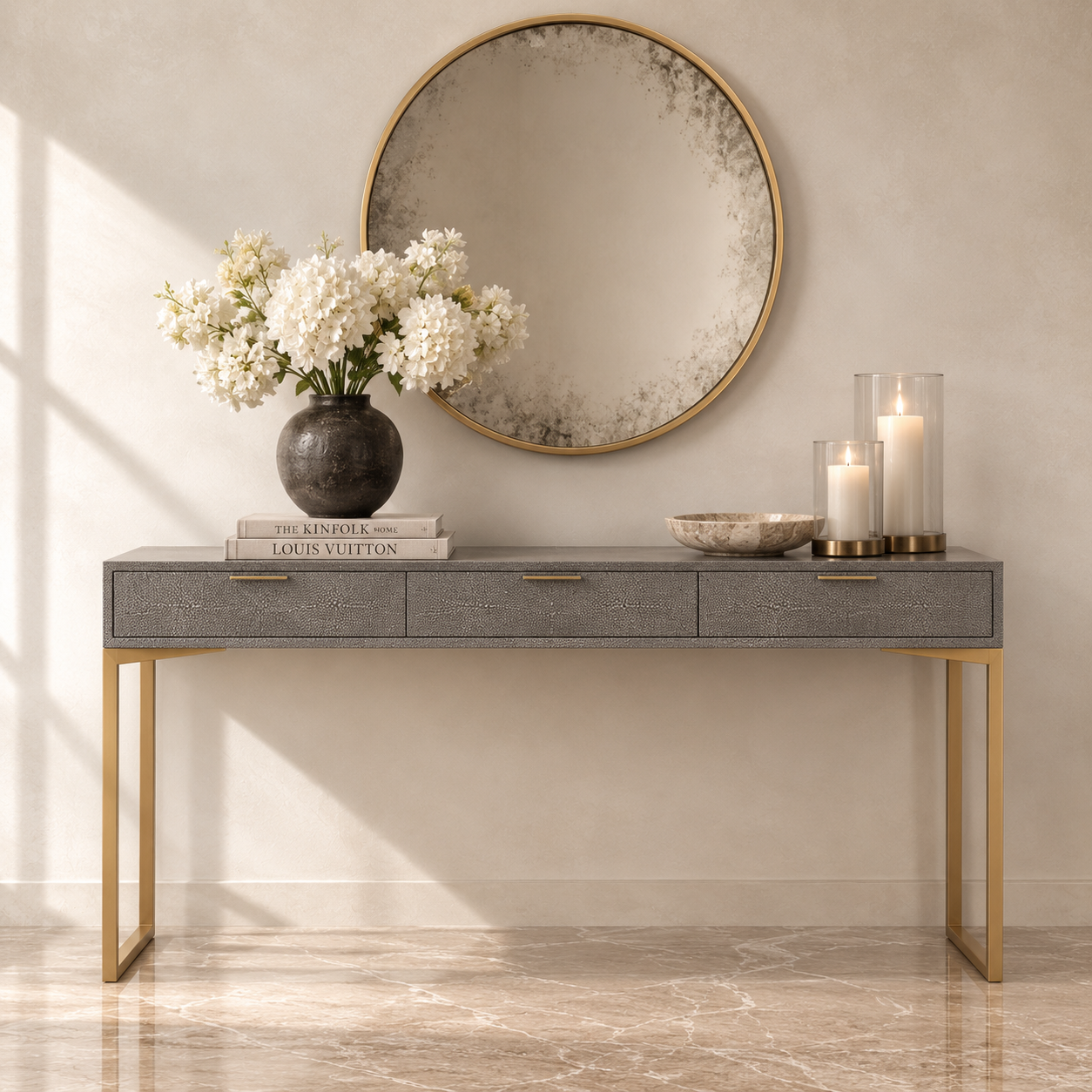 A modern gray console table with gold legs and drawer pulls, styled with a vase of white flowers, books, candles, and a round distressed mirror on a beige wall above a marble floor.