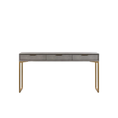 Load image into Gallery viewer, A modern console table featuring a gray textured wood top, three drawers with dark metal handles, and slim gold-finished metal legs, shown against a plain white background.
