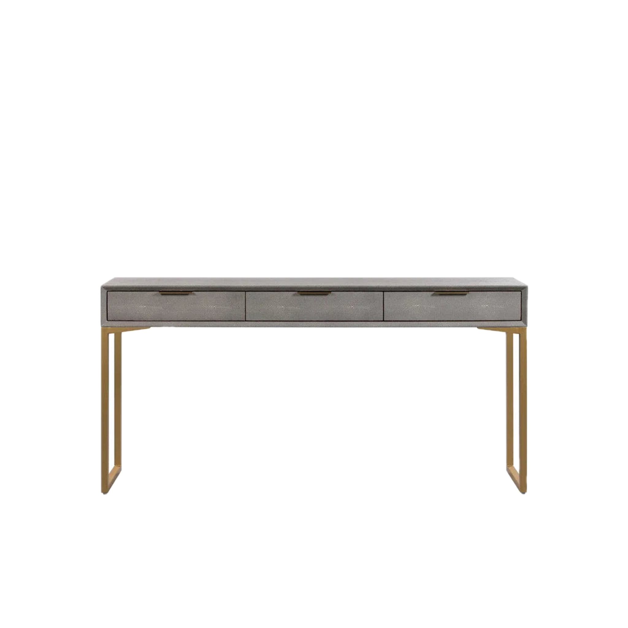 A modern console table featuring a gray textured wood top, three drawers with dark metal handles, and slim gold-finished metal legs, shown against a plain white background.