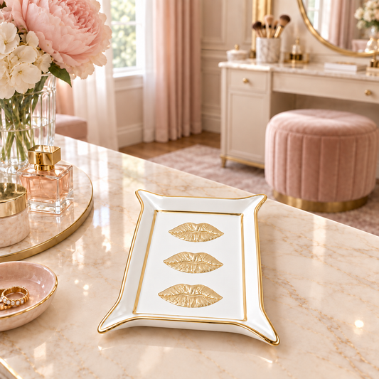 muse valet tray with gold trim and three embossed gold lips, displayed on a marble vanity table in a pink-toned room