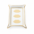 Load image into Gallery viewer, muse valet tray with a gold rim, featuring three embossed gold lips motifs stacked vertically in the center, set against a plain white background
