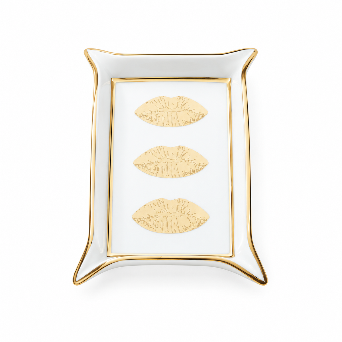 muse valet tray with a gold rim, featuring three embossed gold lips motifs stacked vertically in the center, set against a plain white background