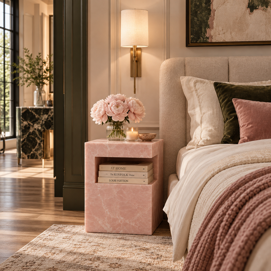 A pink marble nightstand in a styled bedroom setting, styled with a vase of pink roses, a lit candle, and stacked books, positioned next to a bed with neutral-toned bedding and pillows.