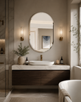 Load image into Gallery viewer, oval mirror in a luxury bathroom above sink
