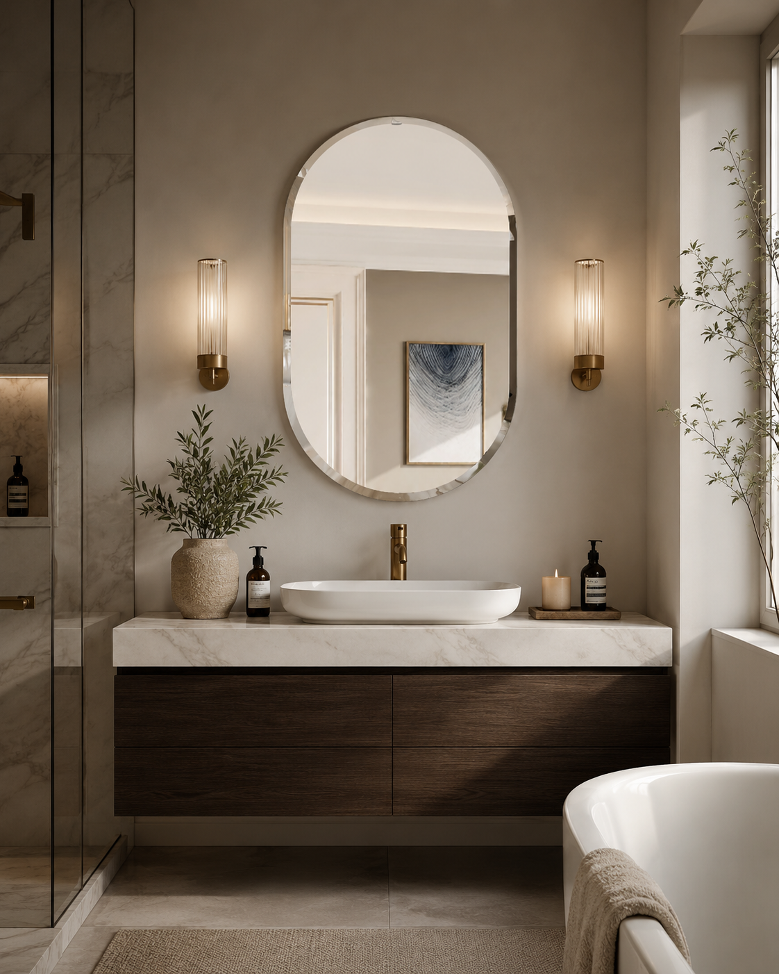 oval mirror in a luxury bathroom above sink