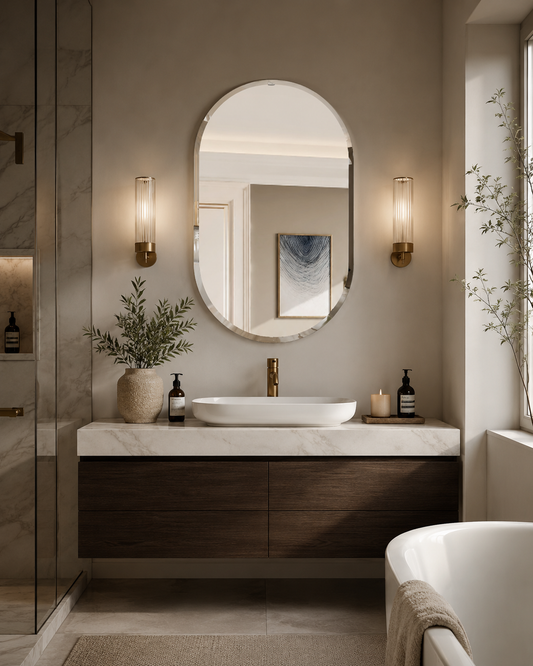oval mirror in a luxury bathroom above sink