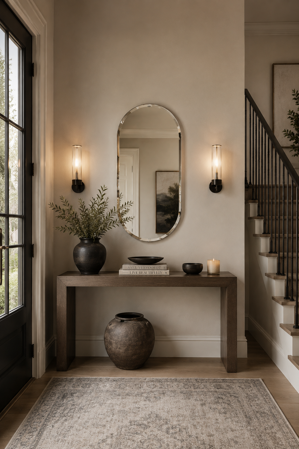 oval mirror in foyer with decor on it and an area rug in front of it