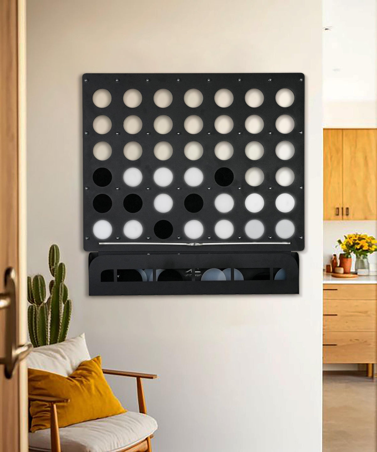 Life size wall mounted Four in a Row game with black and white discs in a minimalist living space with wooden furniture