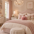 Load image into Gallery viewer, A beautifully styled bedroom featuring a bed dressed in blush pink and cream bedding, decorated with a pink fabric rose pillow, a small stuffed bunny, and a tufted cream ottoman. The room has a matching pink upholstered headboard, a crystal chandelier, a white dresser, and soft pink curtains.
