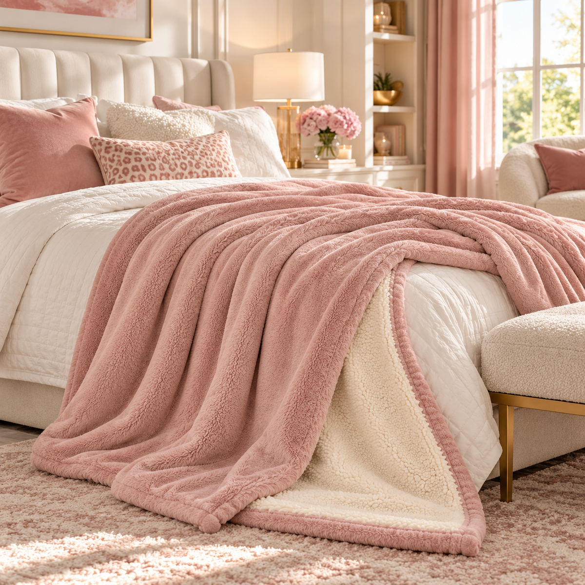 a bedroom with a bink ugg blanket draped across the bed