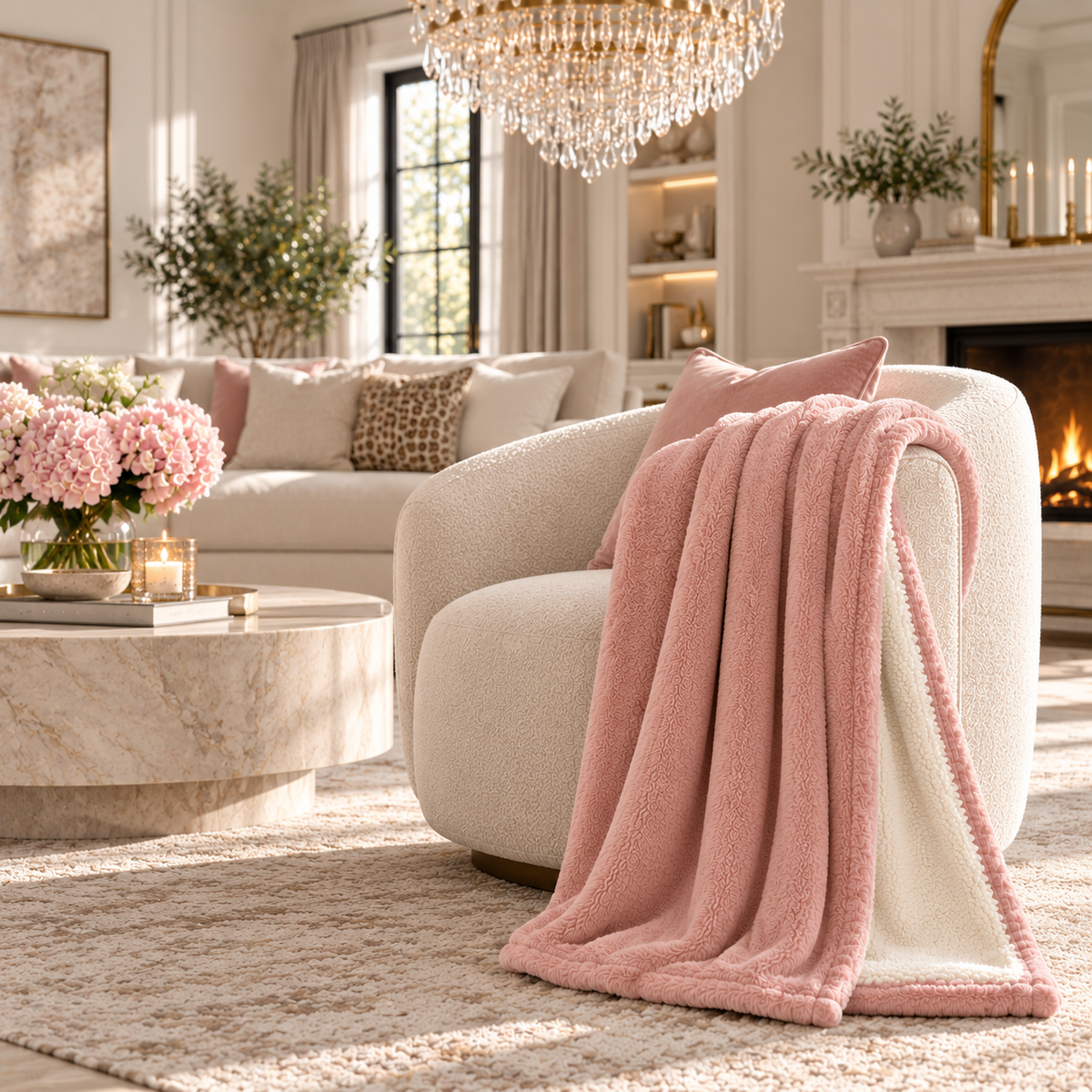 Pink UGG throw blanket draped over a cream accent chair