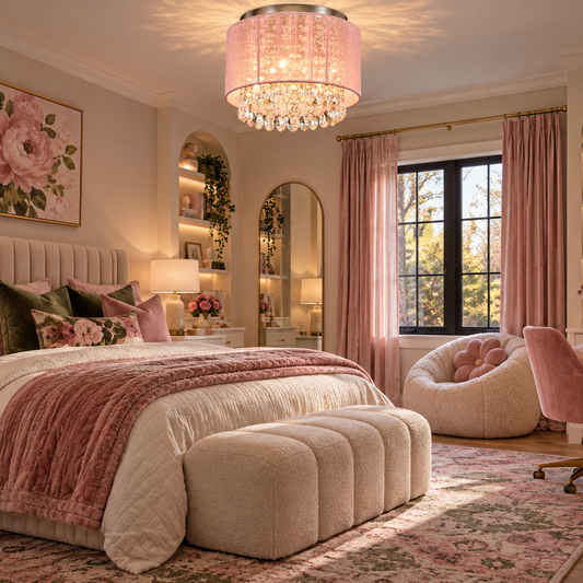 A luxurious bedroom interior featuring a large bed dressed in cream bedding and a dusty pink throw blanket, with a matching tufted bench at the foot. The room is decorated in soft pink tones with a pink floral painting, blush curtains, a pink chandelier, a plush armchair, and a pink velvet office chair over a patterned rug.