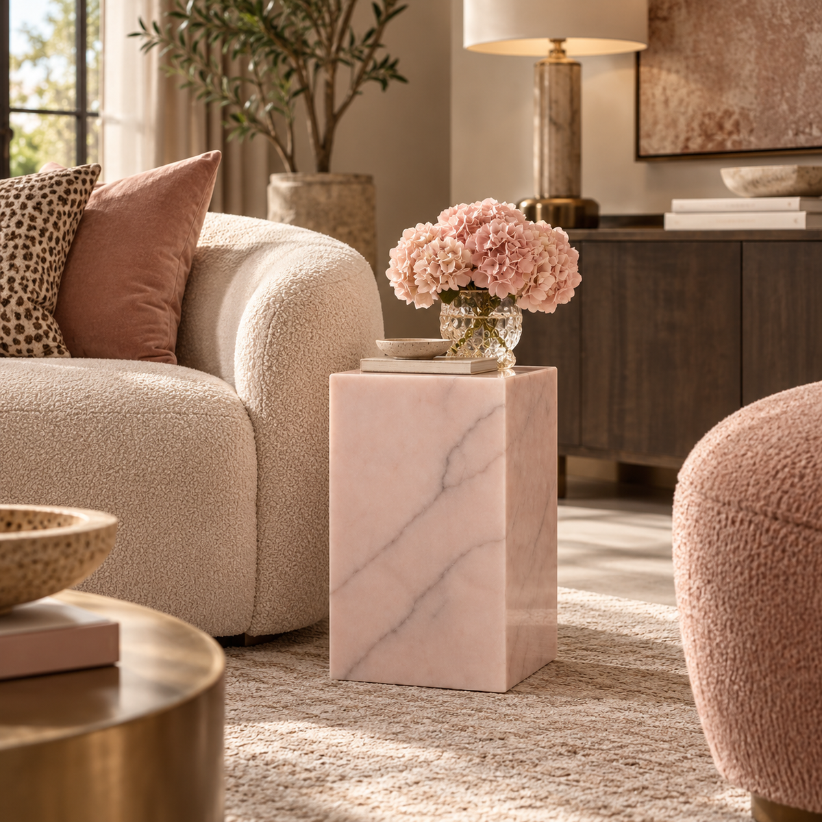Pink onyx side table with blush flowers beside a cream boucle chair
