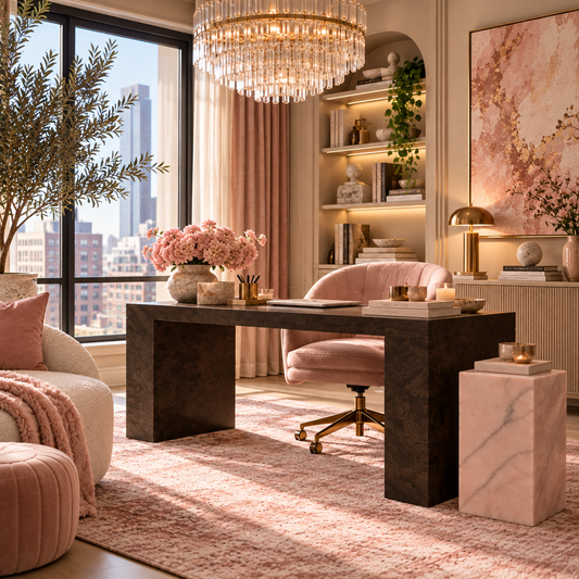 Pink onyx table styled in a blush home office with crystal chandelier