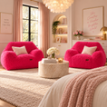 Load image into Gallery viewer, pink puff floor chairs facing a round marble coffee table. The room has pink curtains, a chandelier, framed wall art, and a neutral rug, making it a clear Lifestyle shot.
