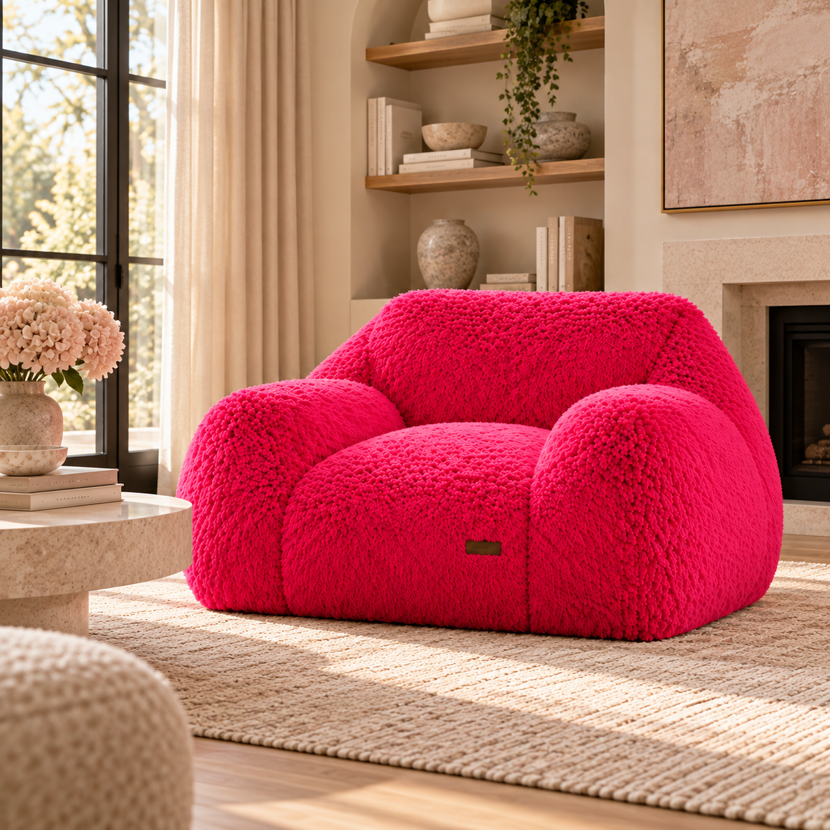pink puff floor chair in a styled living room with a beige rug, wooden shelves, and a window.