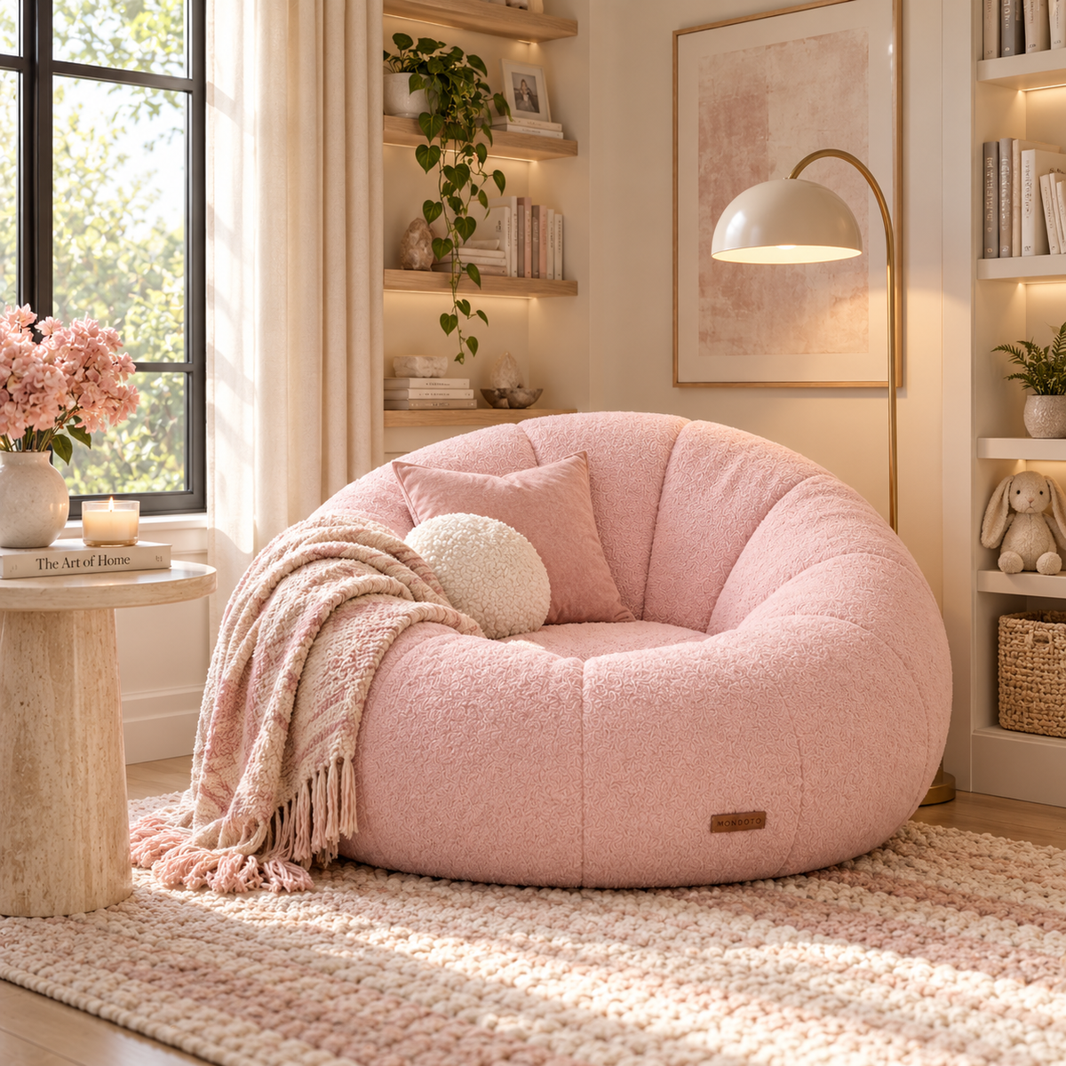 pink pumpkin chair in a reading nook next to an accent table with a blanket draped on it