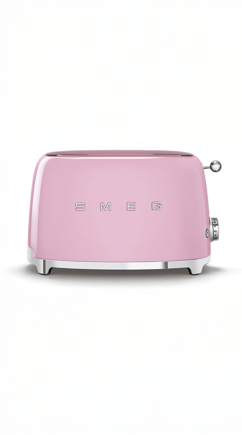 pink retro toaster in white space facing forward