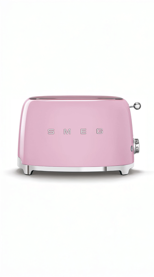 pink retro toaster in white space facing forward