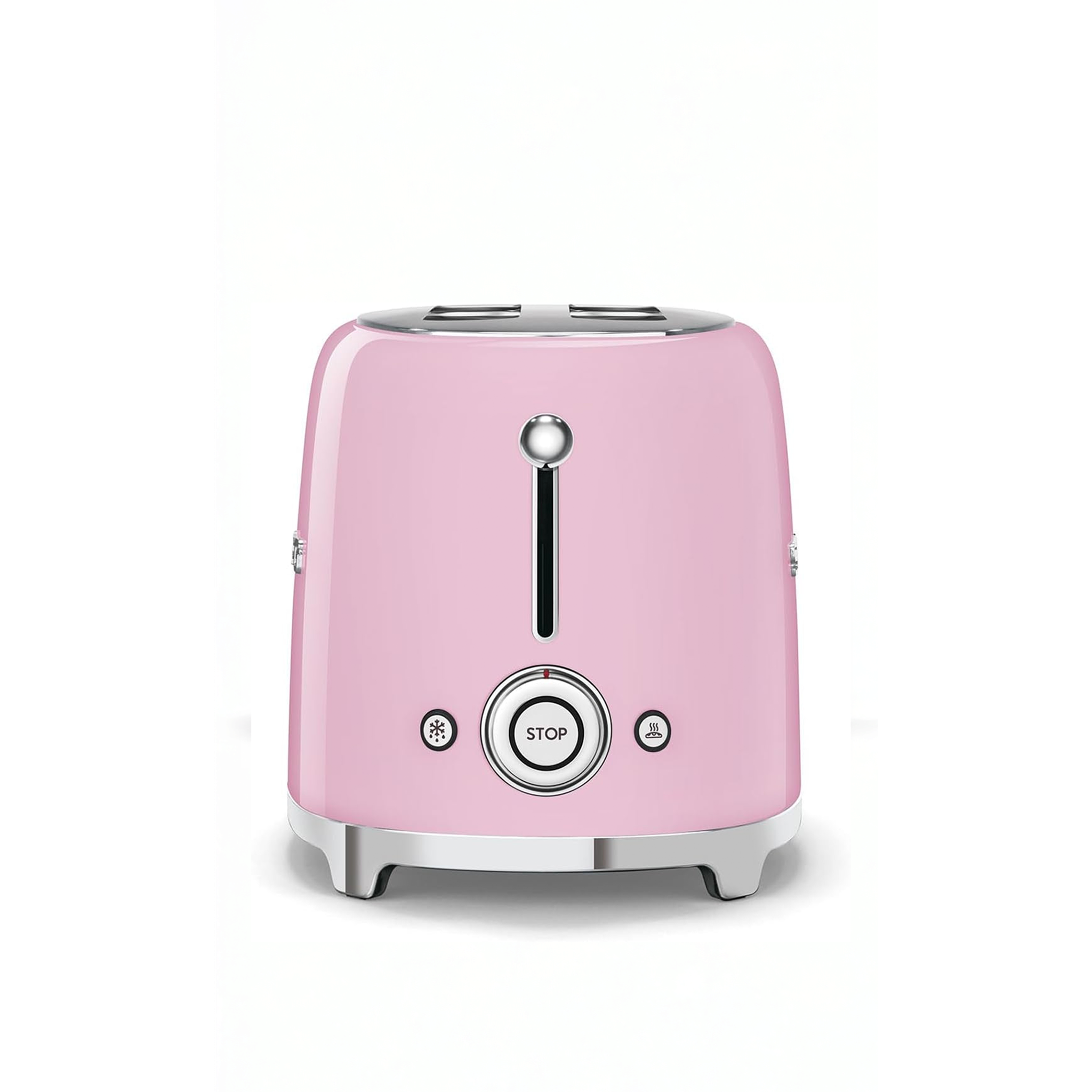 pink retro toaster in pastel pink with polished silver/chrome accents, shown on a clean white background.