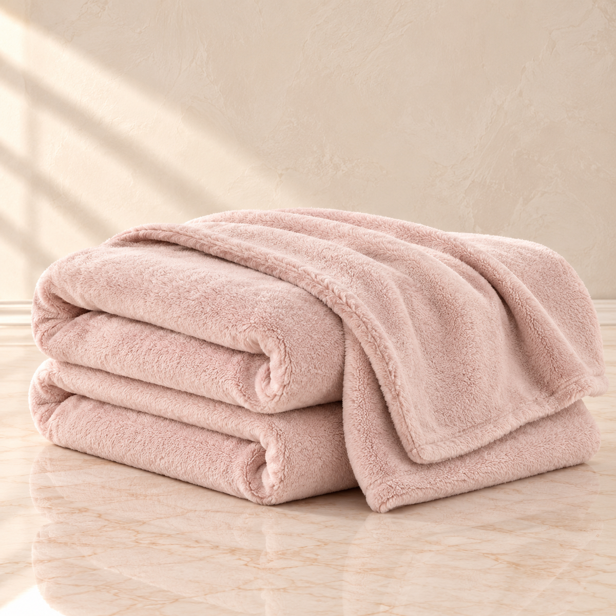 A stack of three folded plush throw blankets in a soft dusty pink color, set on a light beige marble surface against a textured beige wall with soft window shadow light.
