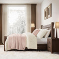 Load image into Gallery viewer, pink throw blanket in bedroom across the bed which is near to a window and a nighstand
