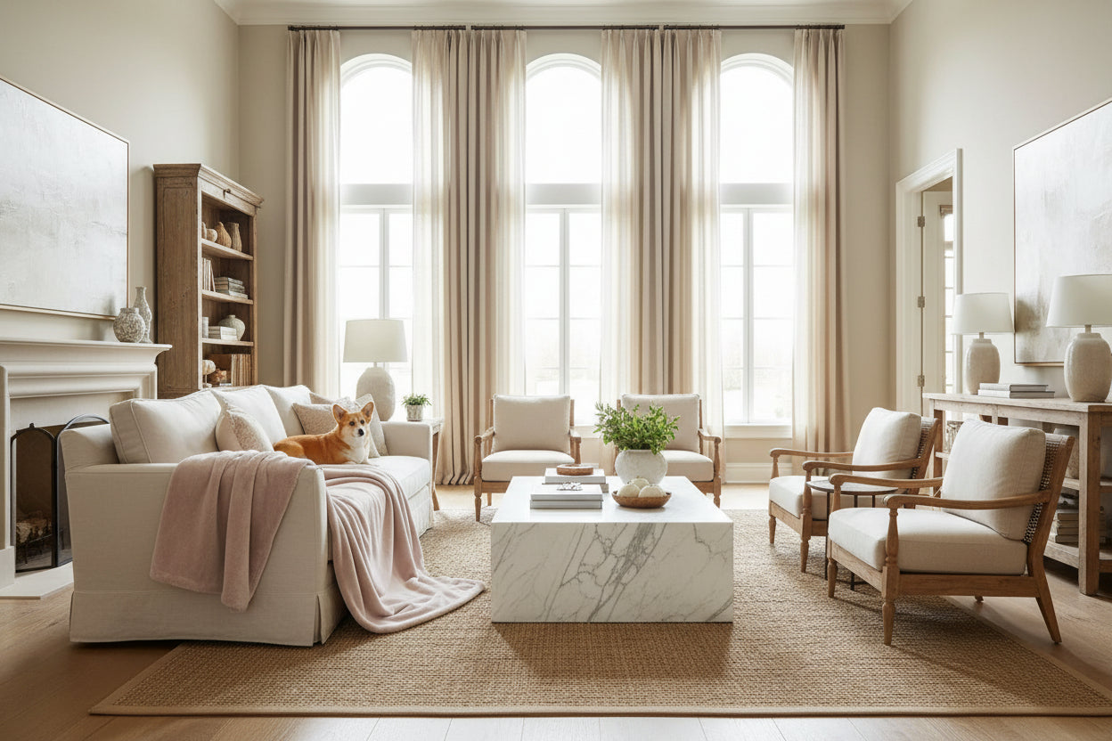 pink throw blanket on sofa with corgi in a living room with high ceilings and a marble coffee table
