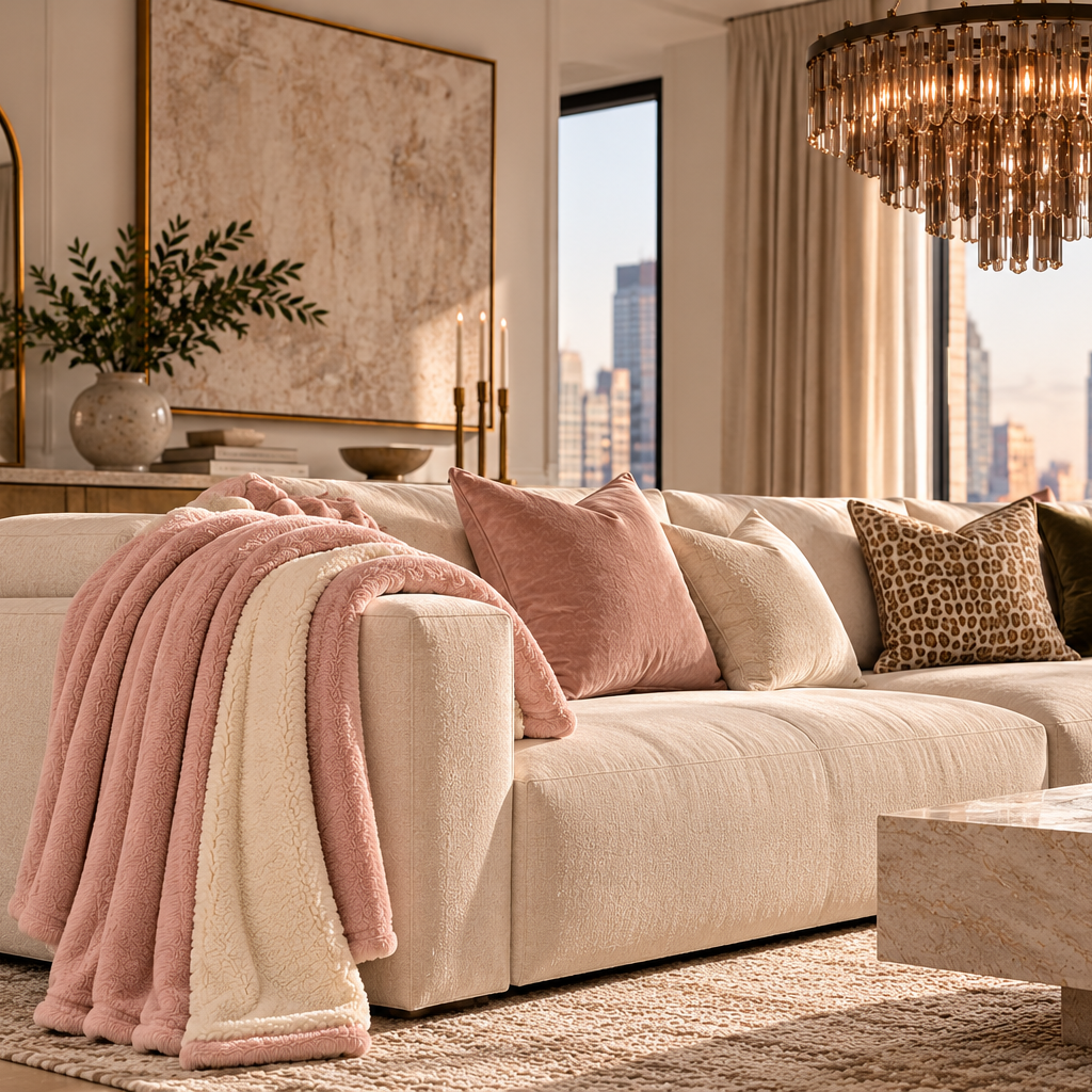Pink UGG throw blanket draped over a cream sofa in a modern living room