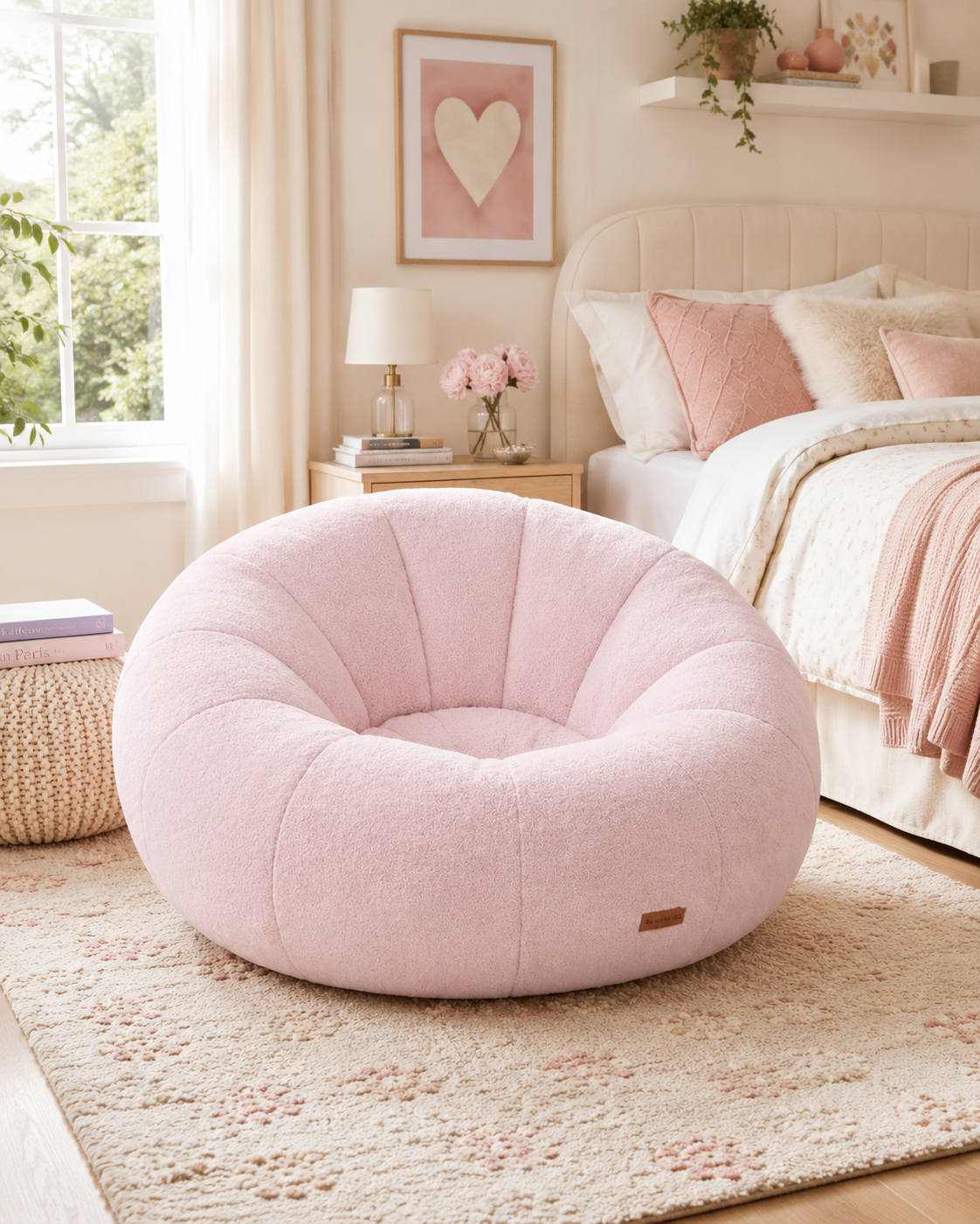 pumpkin chair in girls bedroom on area rug and nest to bed with a window in the background