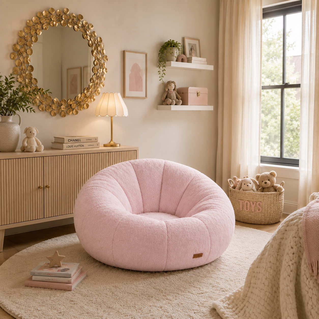 pumpkin chair on area rug in kids room with a cabinet behind it and mirror on the wall