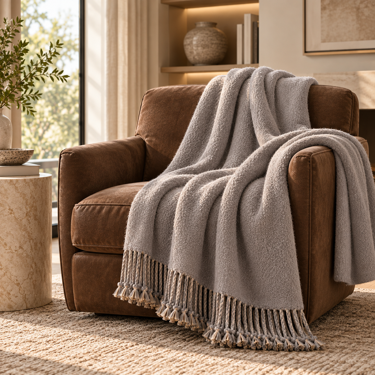 Gray Reversible Mulberry Silk Throw with hand-knotted fringe draped over a brown accent chair in a warm neutral living room.