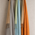 Load image into Gallery viewer, Reversible Mulberry silk throw blankets in gray, beige, sage green, blue, and orange, displayed with decorative fringe.
