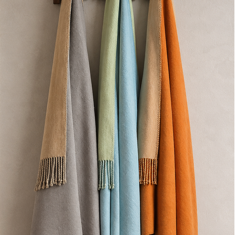 Reversible Mulberry silk throw blankets in gray, beige, sage green, blue, and orange, displayed with decorative fringe.