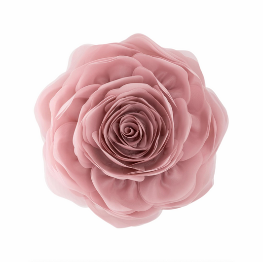 rosalinda pillow cover with layered, ruffled petals, isolated on a solid white background.
