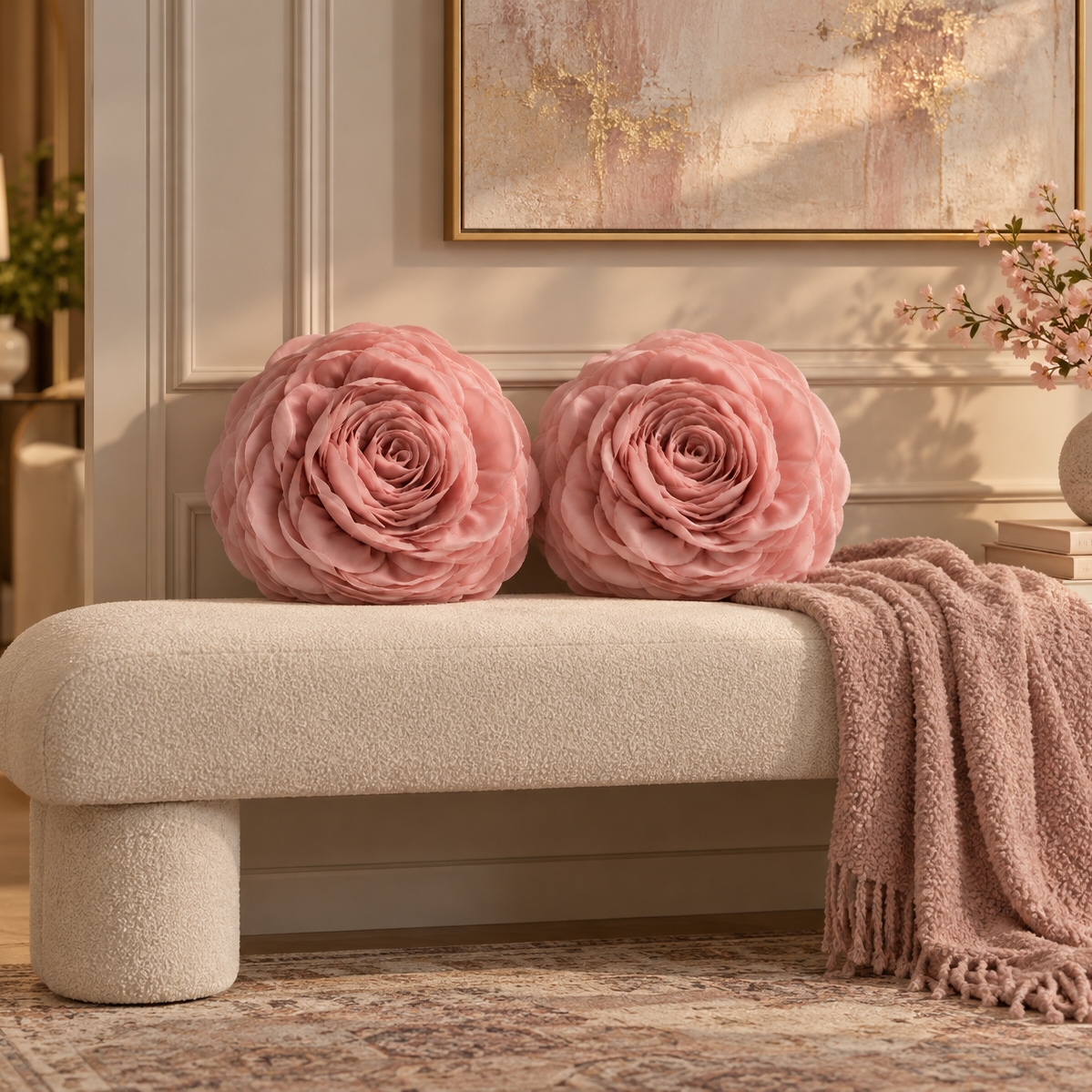Two large pink fabric rose-shaped throw pillows rest on a cream upholstered bench in a styled living room setting with a draped throw blanket, framed wall art, and a vase of flowers.