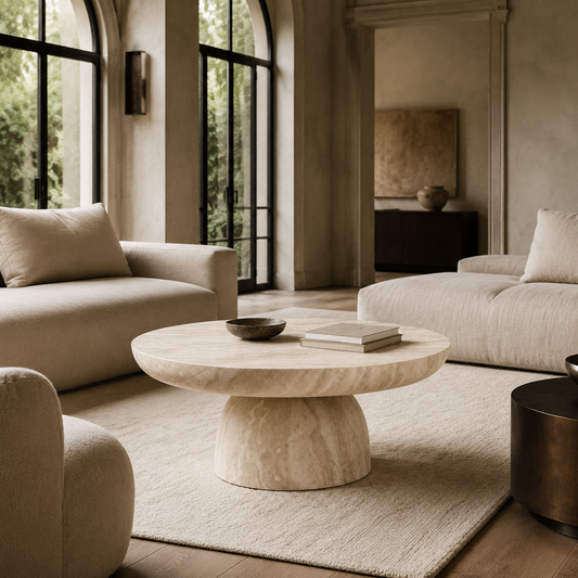 A round stone coffee table in a warm beige marble finish, styled in a luxurious, sunlit living room with cream-colored sofas, a neutral rug, and tall arched windows.