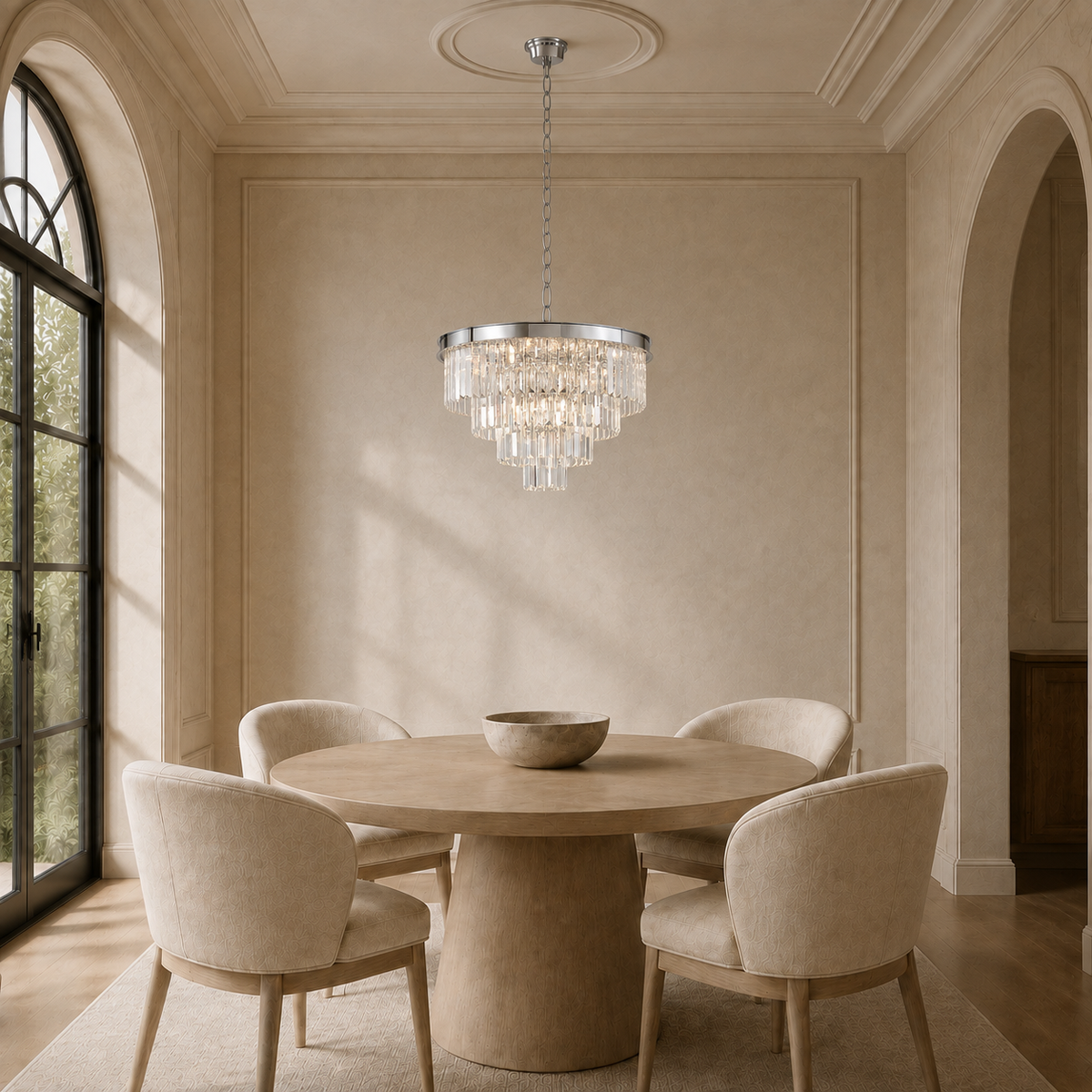 A luxury round crystal chandelier with a silver-toned metal frame hangs over a round wooden dining table and four upholstered cream chairs in a beautifully decorated beige dining room.