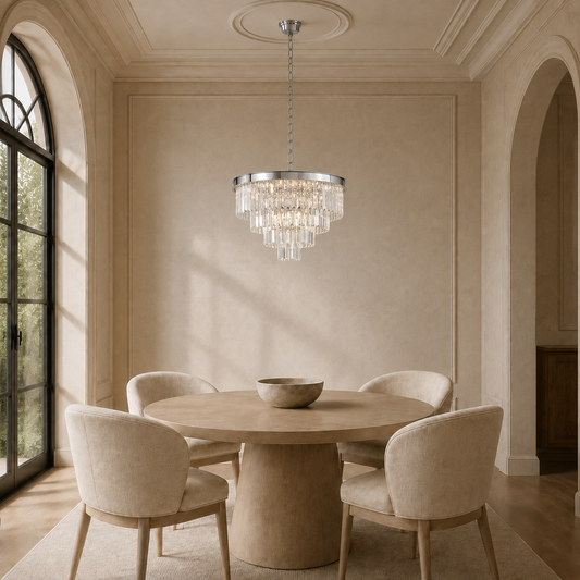 A luxury round crystal chandelier with a silver-toned metal frame hangs over a round wooden dining table and four upholstered cream chairs in a beautifully decorated beige dining room.