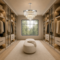 Load image into Gallery viewer, A luxury walk-in closet with beige walls, wooden shelving, glass doors, and a large crystal chandelier. A round beige ottoman sits in the center of the room on a light beige rug, with clothing and shoes neatly arranged on both sides.
