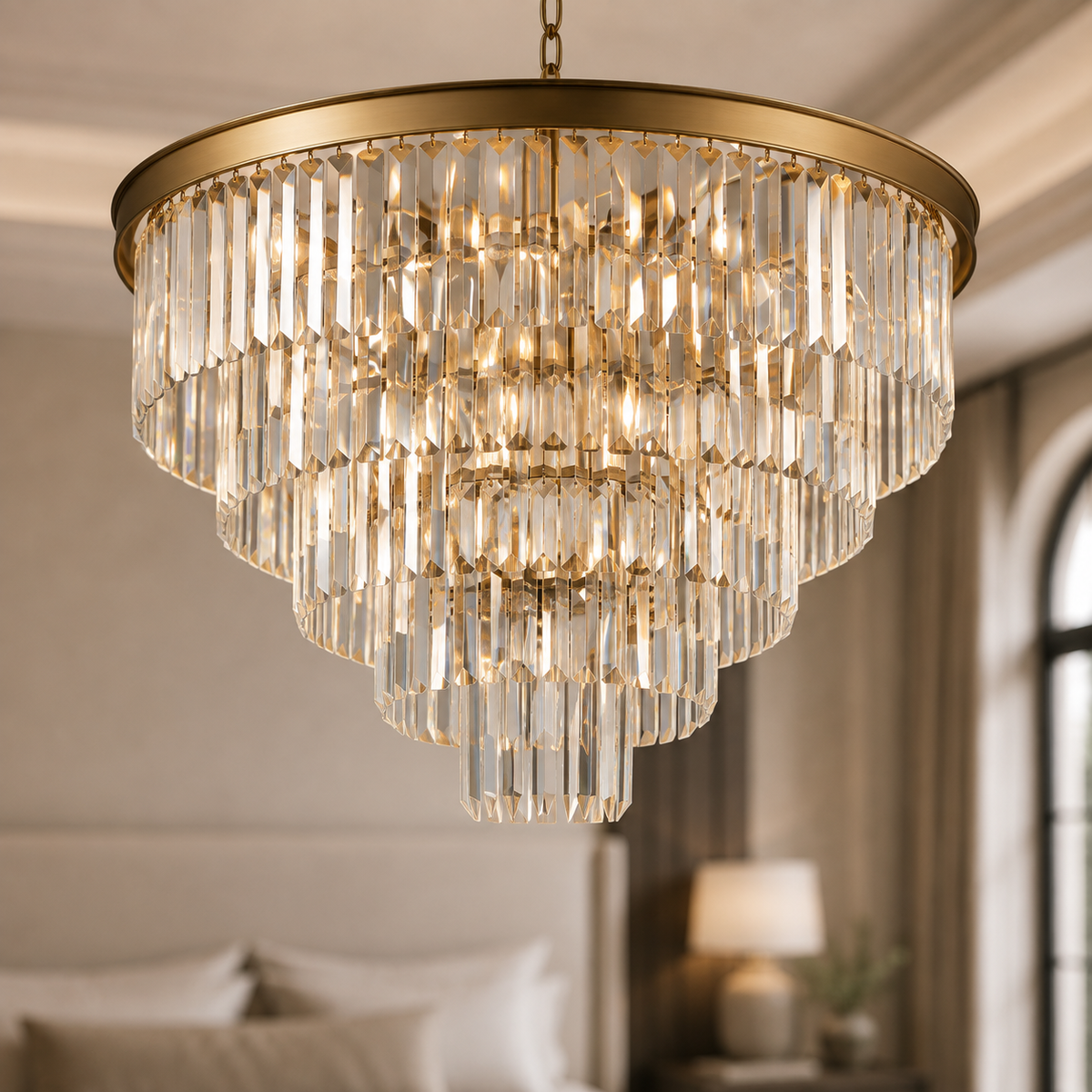 A large tiered round gold crystal chandelier with a brushed gold metal frame and hanging clear glass prisms, shown illuminated in a softly blurred bedroom setting.