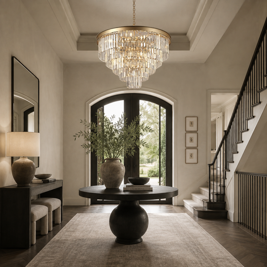 A luxury crystal chandelier with a gold-toned frame hangs in a grand entryway with a staircase, console table, and arched windows in the background.